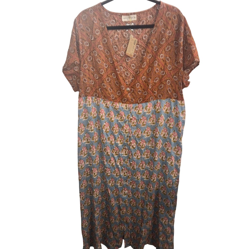 Natural Life Avery Midi Dress Wildflowers Tiles Rust Cotton Pockets XL Boho - Picture 3 of 11